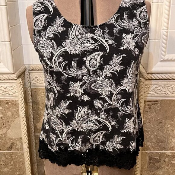 COLDWATER CREEK. Sz XL. Stretch Black white Shell with Lace Trim. Cotton. B51 - Picture 1 of 7